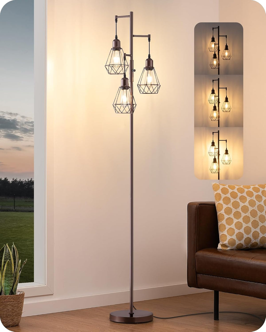 Edishine 70IN Industrial Floor Lamps for Living Room, Dimmable Farmhouse Corner Reading Lamp, Diamond-Shaped Lampshade, 3 LED Edison Bulbs…