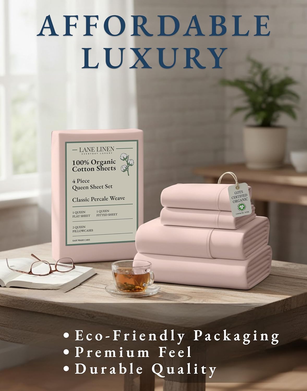 LaneLinen LANE LINEN reusable 100% Organic Cotton Sheets Queen Size, Mercerized Cotton Fully Elasticized Reinforced Seams Low Pill Fade…