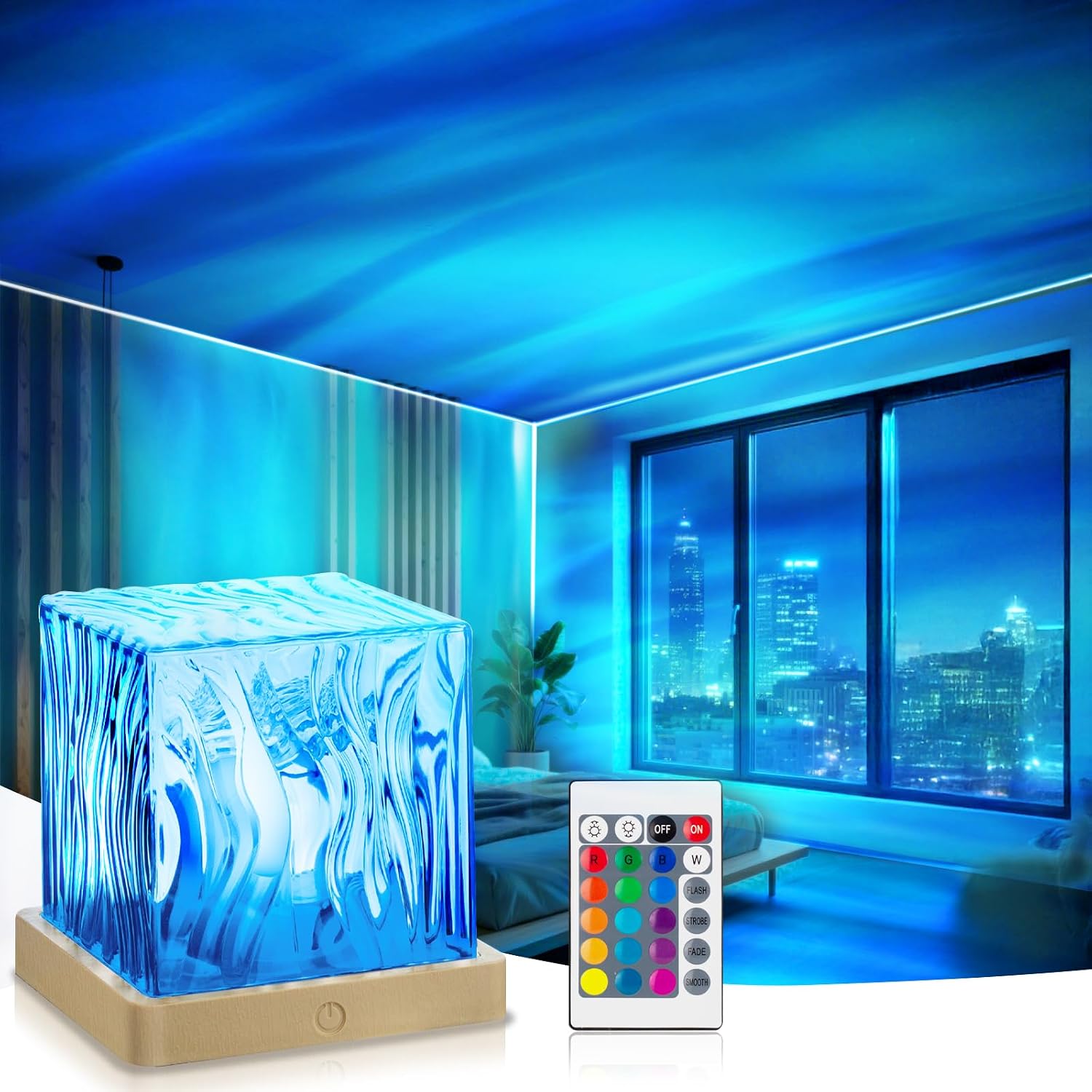 VoMii Northern Lights Projector,16 Colors Luminorthe Cube Lamp with Dynamic Wave Effect, Aurora Glow Lamp Ambient Lighting with Remote for…