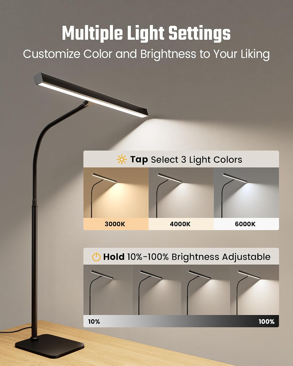SUPERDANNY LED Desk Lamp for Home Office, Eye-Caring Desk Light with Base, 12W Touch Control 3 Colors Dimmable Brightness, Gooseneck…