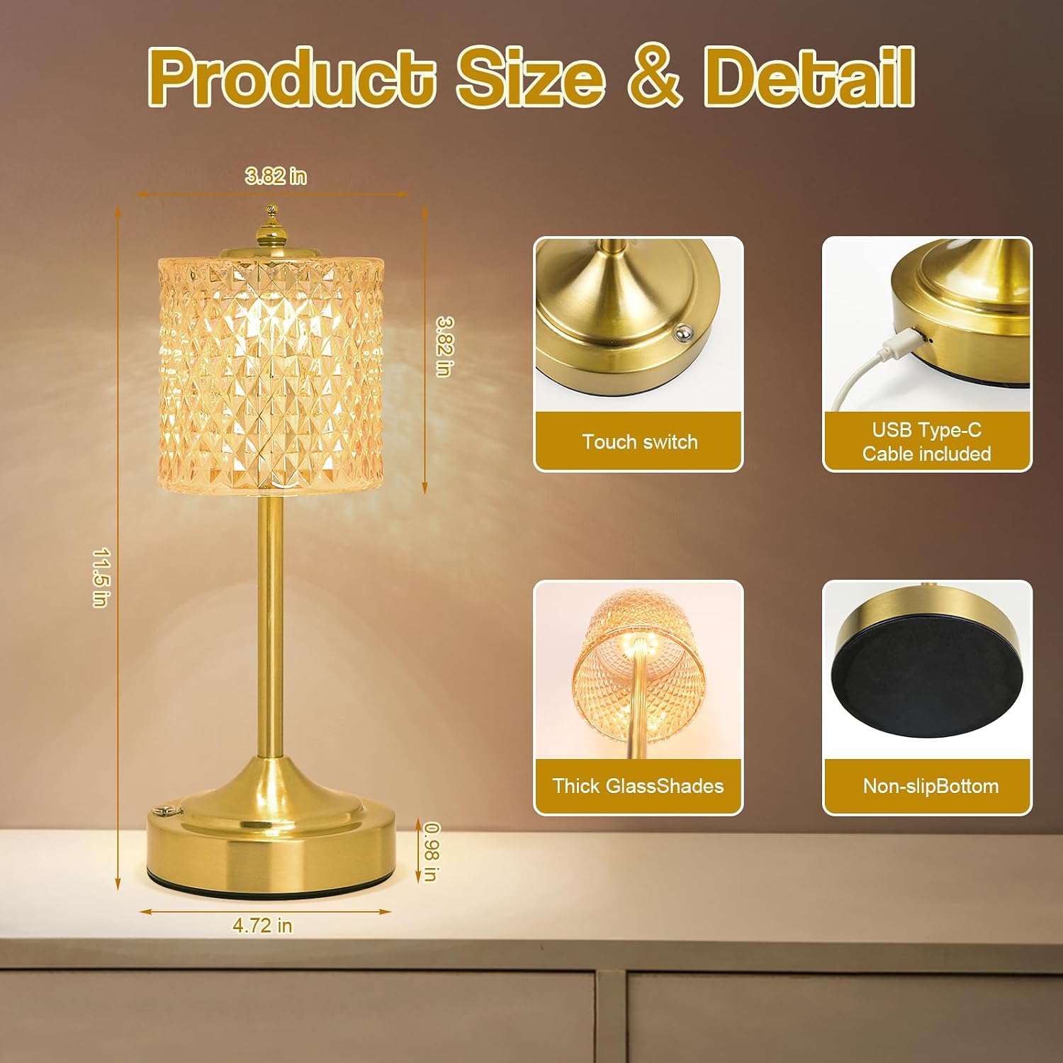 Cordless Crystal Table Lamp, 5200mAh Rechargeable Battery, 3 Color Dimmable Touch Control, Portable Vintage Gold Desk Lamp for Bedroom…