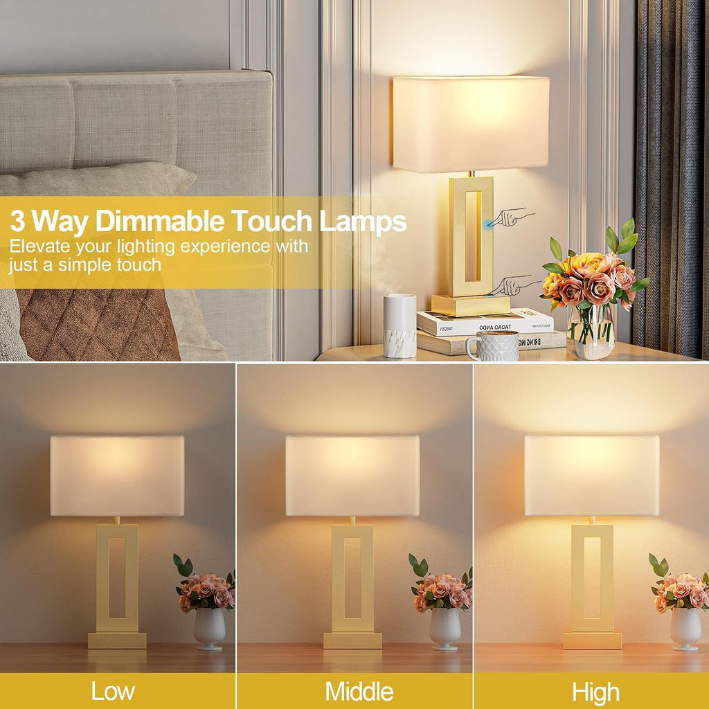 Seealle Bedroom Table Lamps Set of 2 - Touch Bedside Lamps with USB C+A, 3 Way Dimmable Gold Lamp for Nightstand, Modern Night Stands…