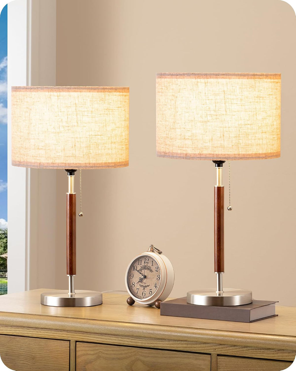 EDISHINE Mid Century Table Lamp Set of 2, Pull Chain Switch Bedside Lamp, Linen Shade, Solid Wood Pole & Brushed Nickel Metal Base…
