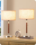 EDISHINE Mid Century Table Lamp Set of 2, Pull Chain Switch Bedside Lamp, Linen Shade, Solid Wood Pole & Brushed Nickel Metal Base…
