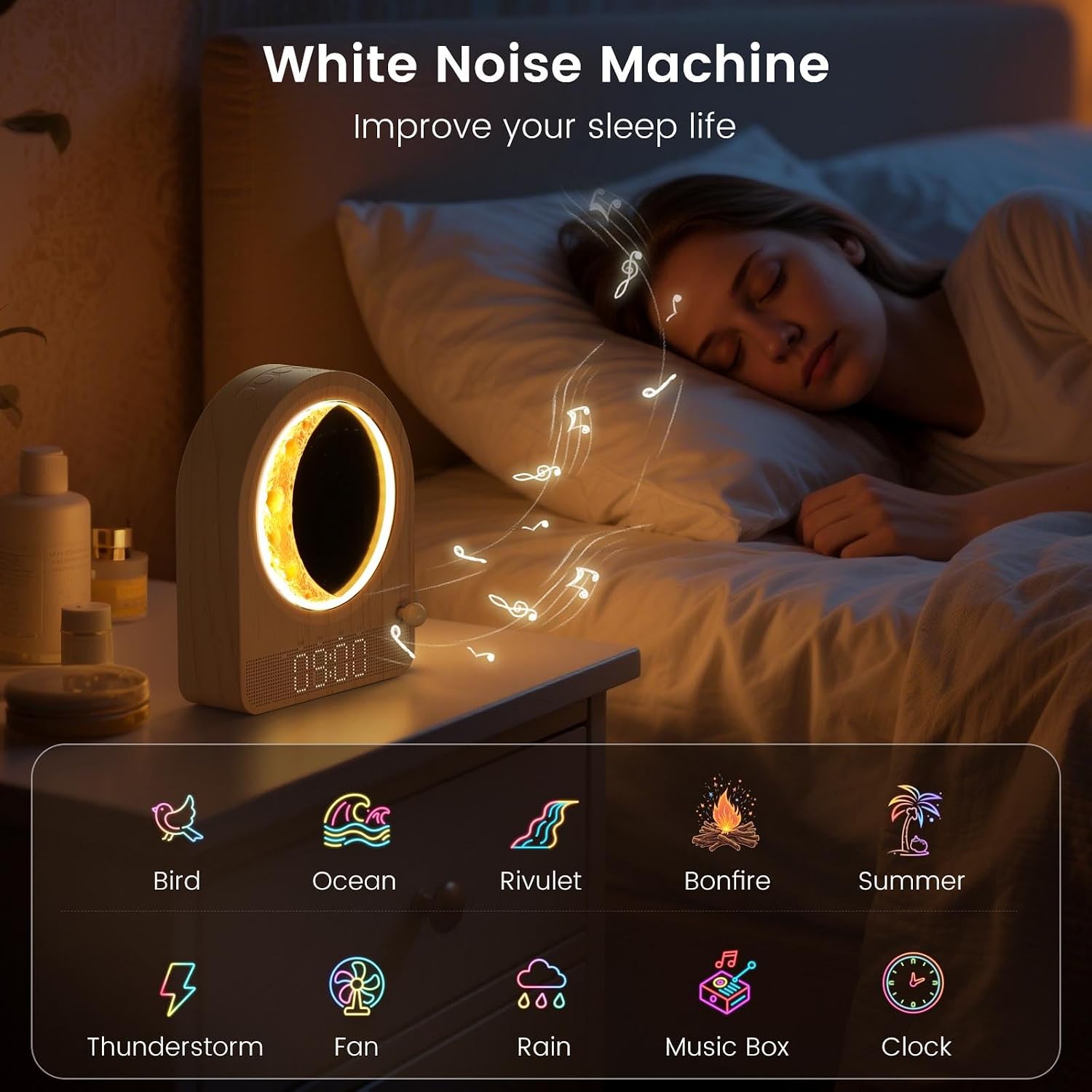 Epochleno Sunrise Alarm Clock, White Noise Machine & Meteor Moonlight - 10 Soothing Sounds, Dual Alarms, 30/60/90min Timer, Easy Snooze - B…