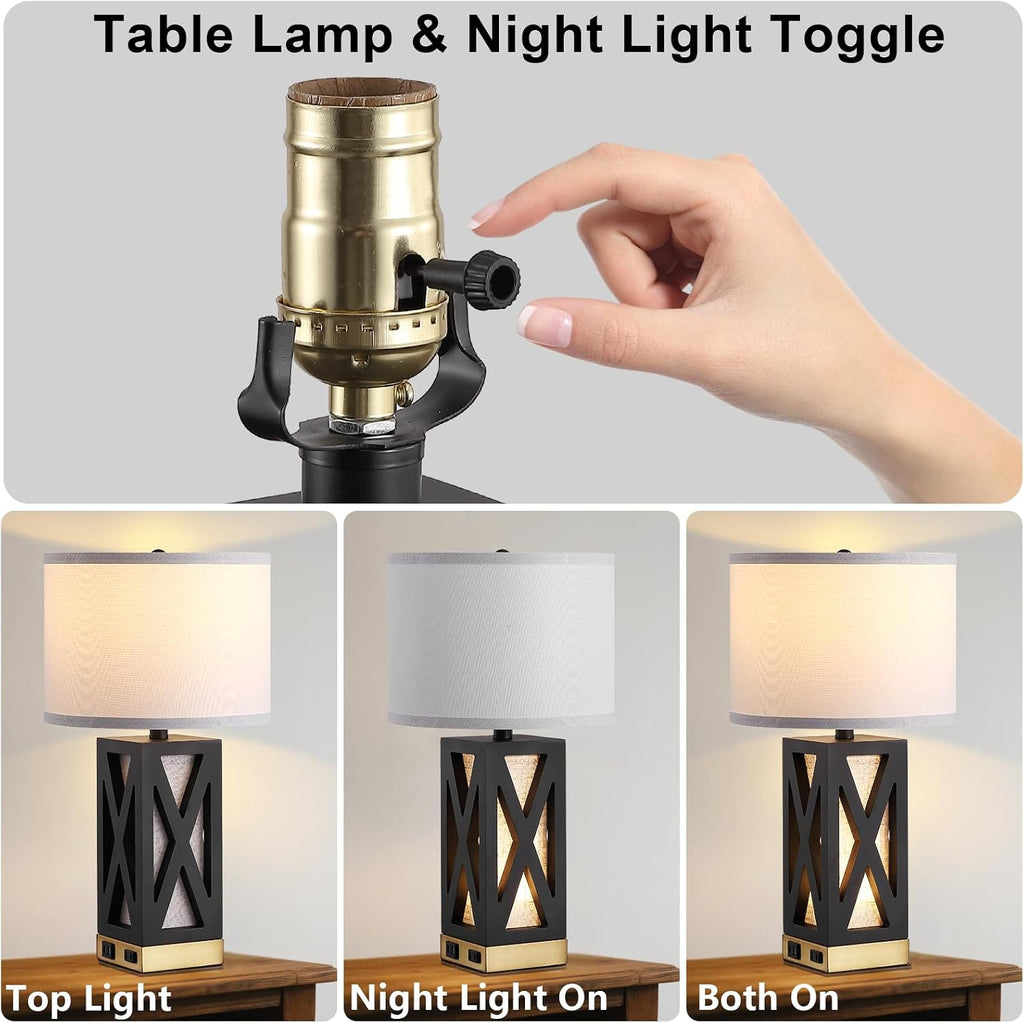 Set of 2 Wood Table Lamp with 3 Color Temperatures, Nightstand Table Lamp with AC Outlet, USB A & C Charging Port, Bedside Lamps for…