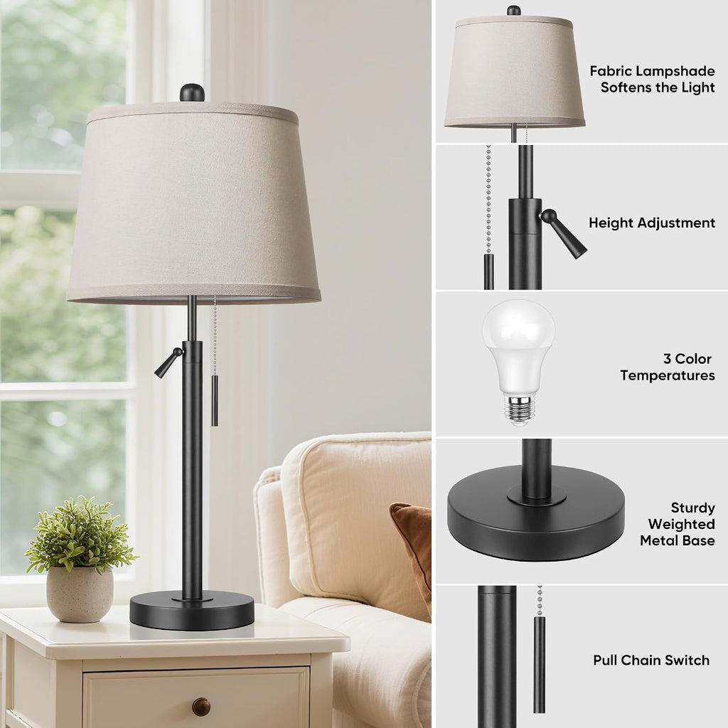 PARTPHONER Bedside Table Lamps Set of 2, Tall Black Table Lamps for Living Room, Height Adjustable Nightstand Lamps for Bedroom, Modern…