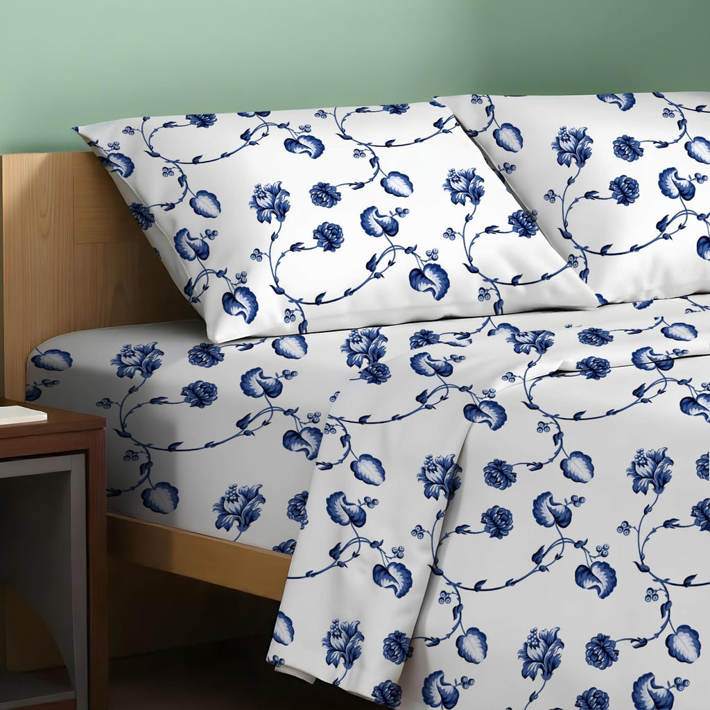 TEXAS LINEN CO. 100% Organic Cotton Sheets Twin Size - 3 PC Organic Cotton Percale Printed Sheets Twin Set (Floral Blue), Soft, Cooling…