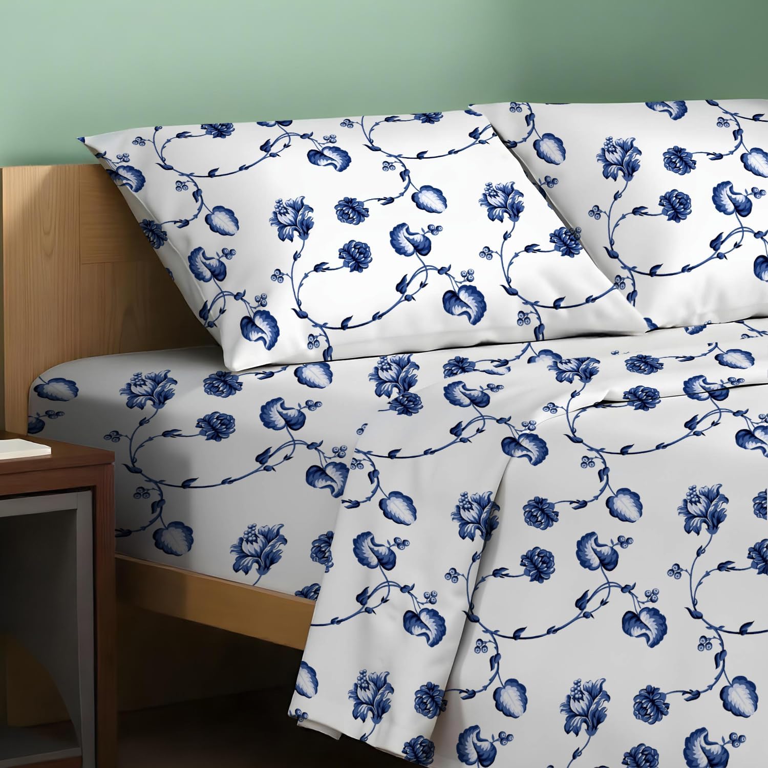 TEXAS LINEN CO. 100% Organic Cotton Sheets Twin Size - 3 PC Organic Cotton Percale Printed Sheets Twin Set (Floral Blue), Soft, Cooling…