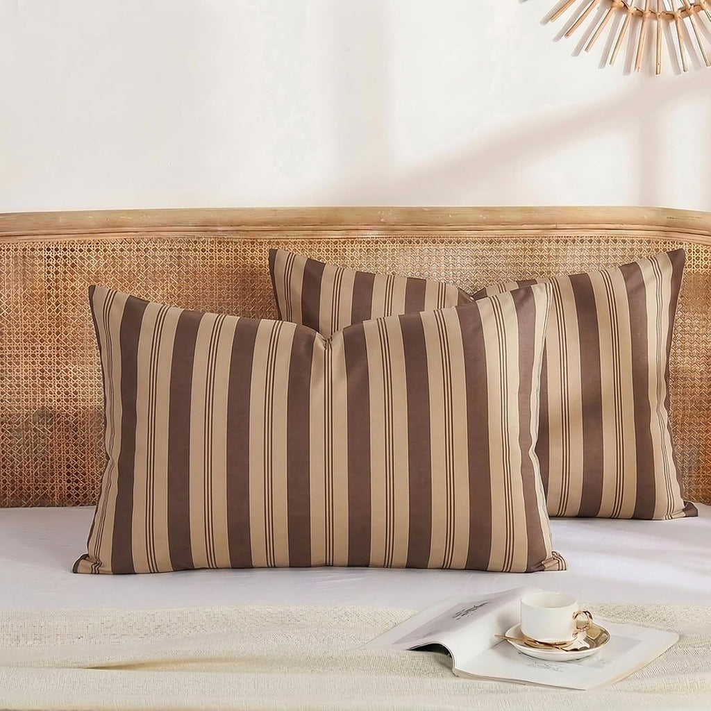 Merryword Brown Striped Pillowcases, 100% Cotton Pillow Cases, King Size Pillowcases, Luxury Linen Like Pillowcase, Soft Breathable Stripe…