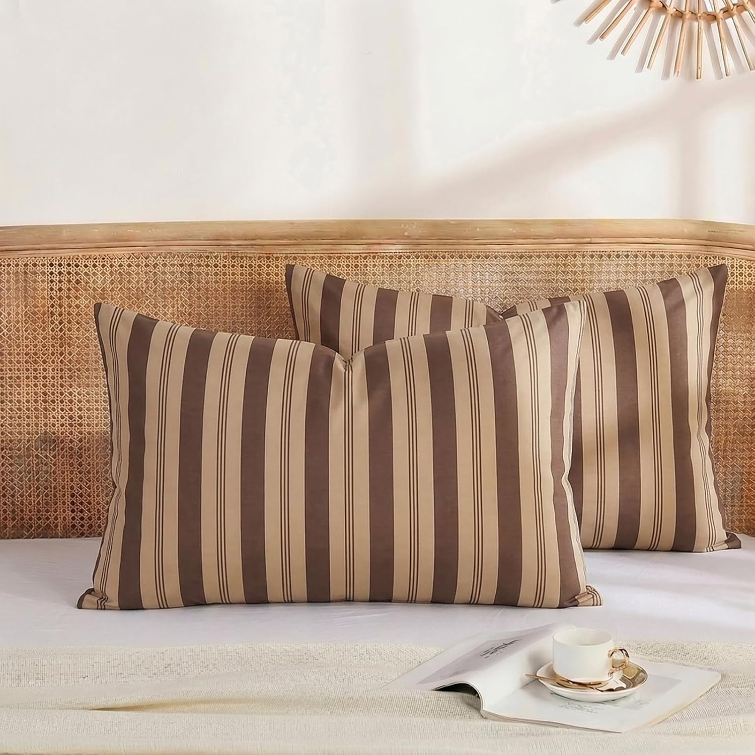 Merryword Brown Striped Pillowcases, 100% Cotton Pillow Cases, Standard Size Pillowcases, Luxury Linen Like Pillowcase, Soft Breathable Str…