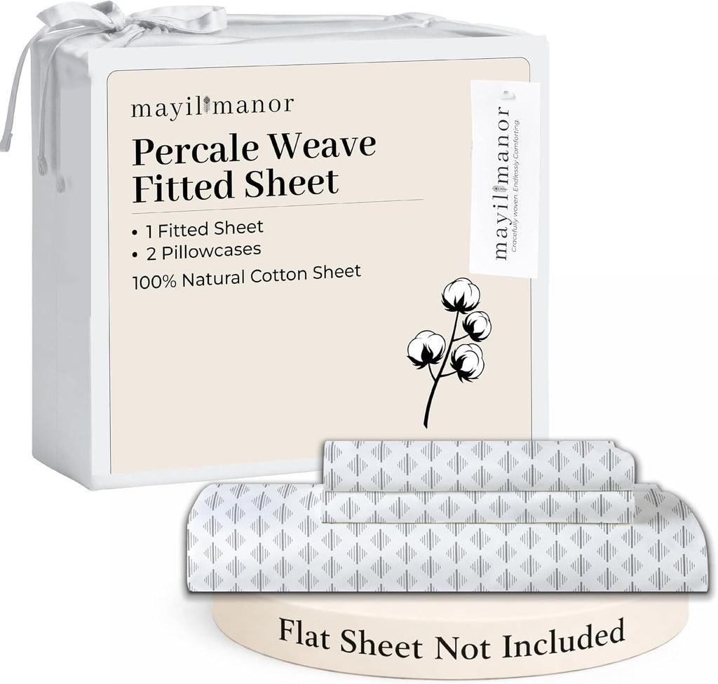 King Size Fitted Sheet with 18" Deep Pockets, No Flat - Percale Weave Natural - Breathable 100% Cotton Printed Bedding, 1 Fitted Sheet +…