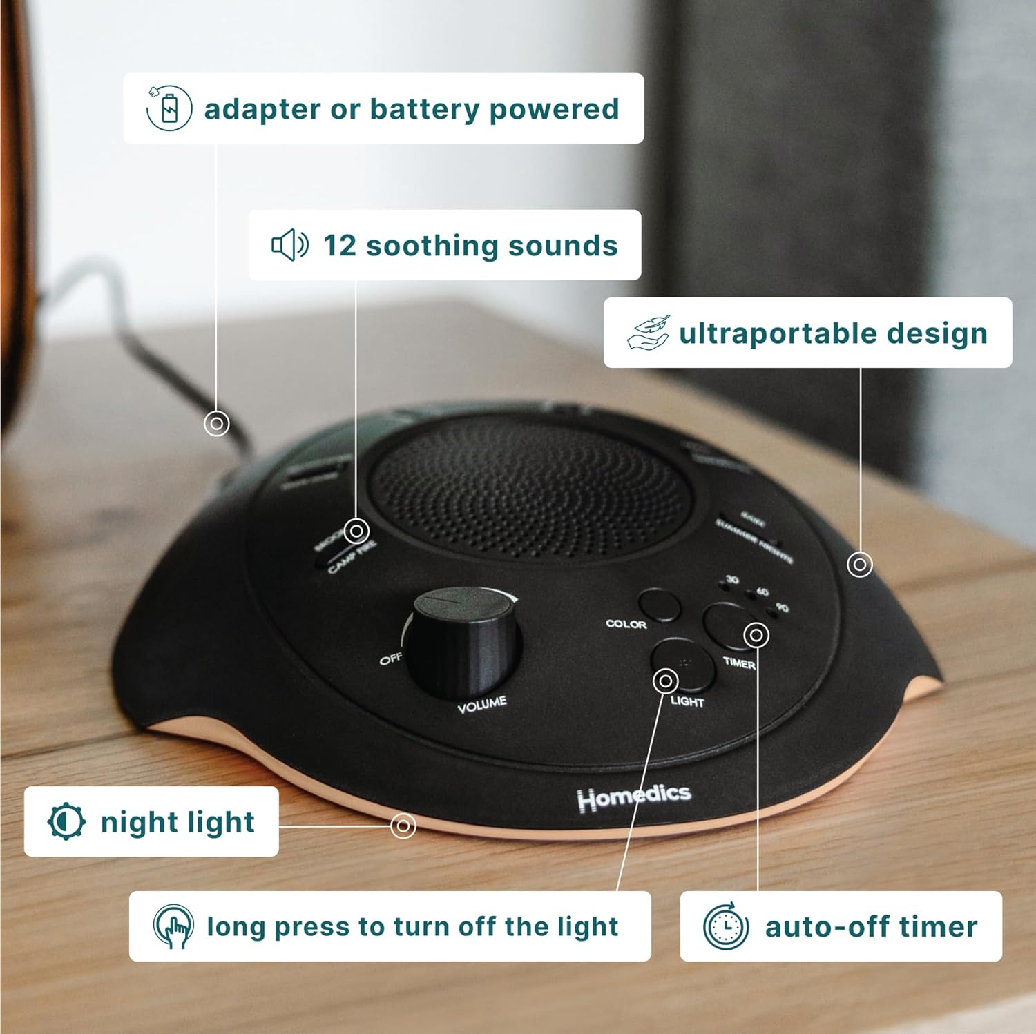 Homedics Sleep Better Portable Sound Machine, Night Light,12 Soothing Sounds Including White Noise, Rain, and Thunderstorm…