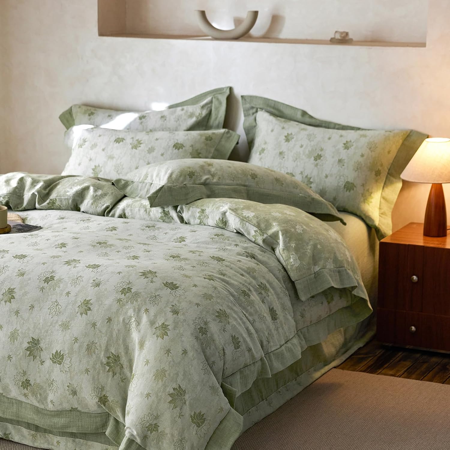 mixinni Yarn-Dyed Jacquard Duvet Cover Queen, Green Botanical Leaf Print 3-Piece Bedding Set with Wide Edge Piping, Soft Breathable Double…