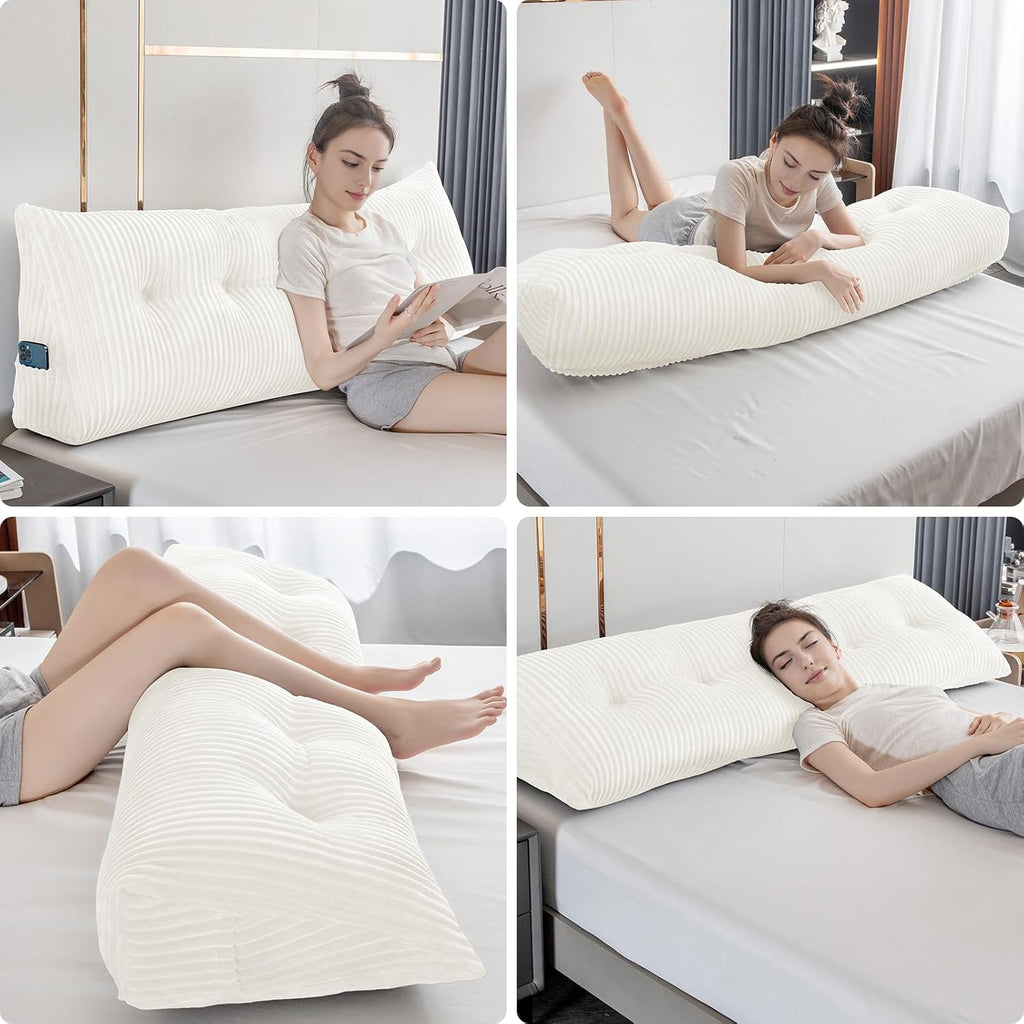 Large Triangular Headboard Wedge Bed Rest Reading Pillow Backrest Positioning Support Bolster Cushion with Removable Cover (White, King…
