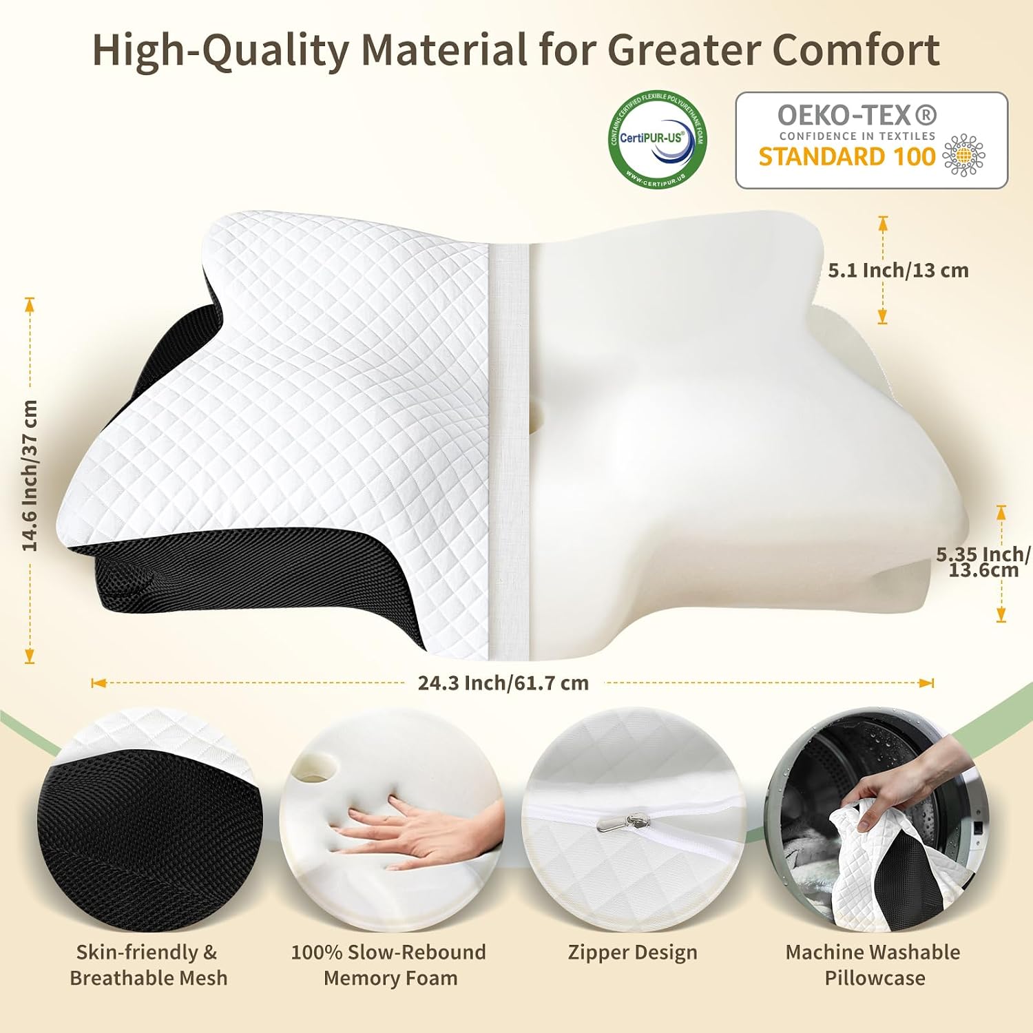 Roowana Cervical Neck Pillow for Neck Pain, Memory Foam Orthopedic Pillow with Contoured Design, Neck Support Pillows for Side, Back and St…