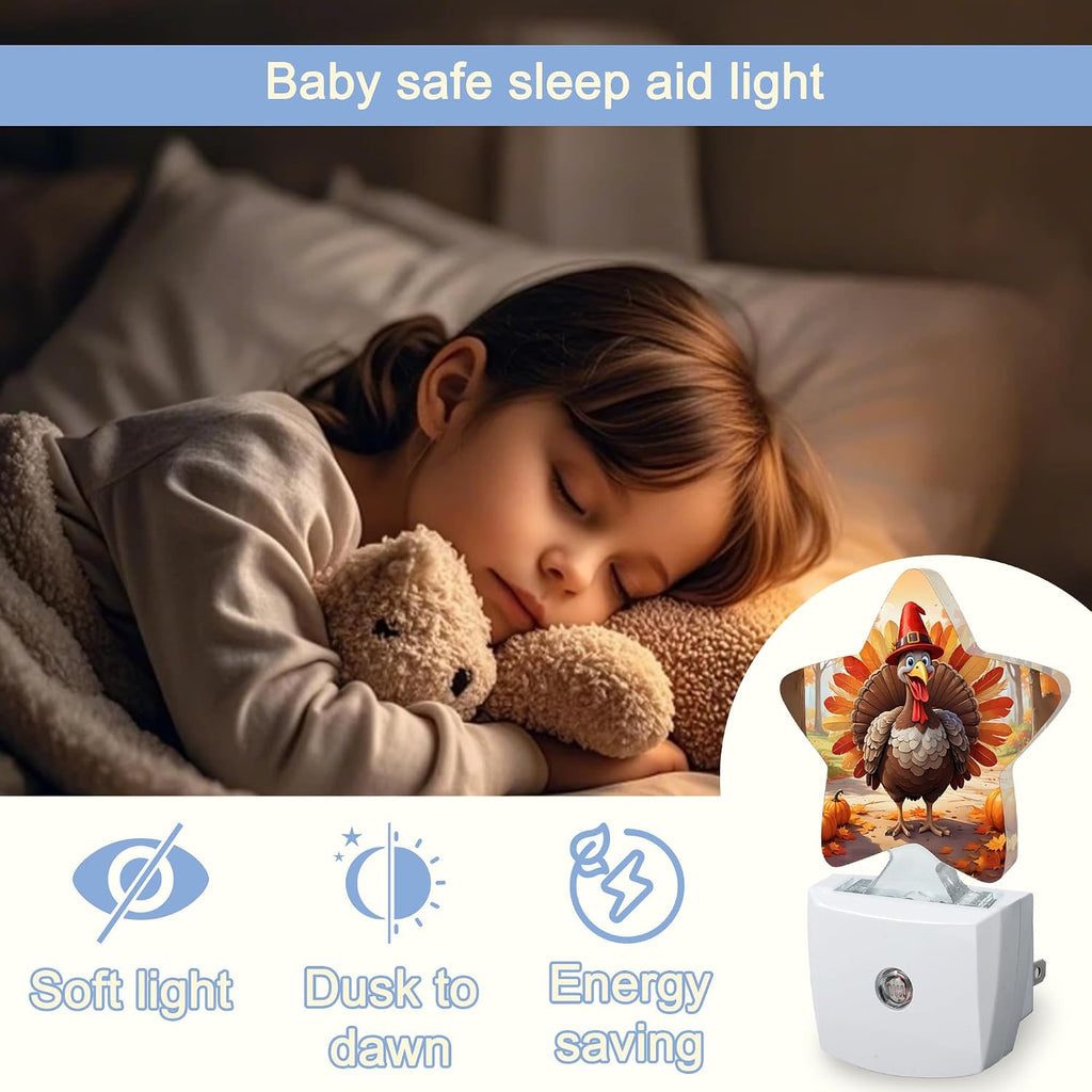 Snowmolle Fall Autumn Turkey Dusk to Dawn Star Night Light, Thanksgiving Day Smart Sensor Nightlight for Bedroom Kitchen Hallway Stairs, Plug…