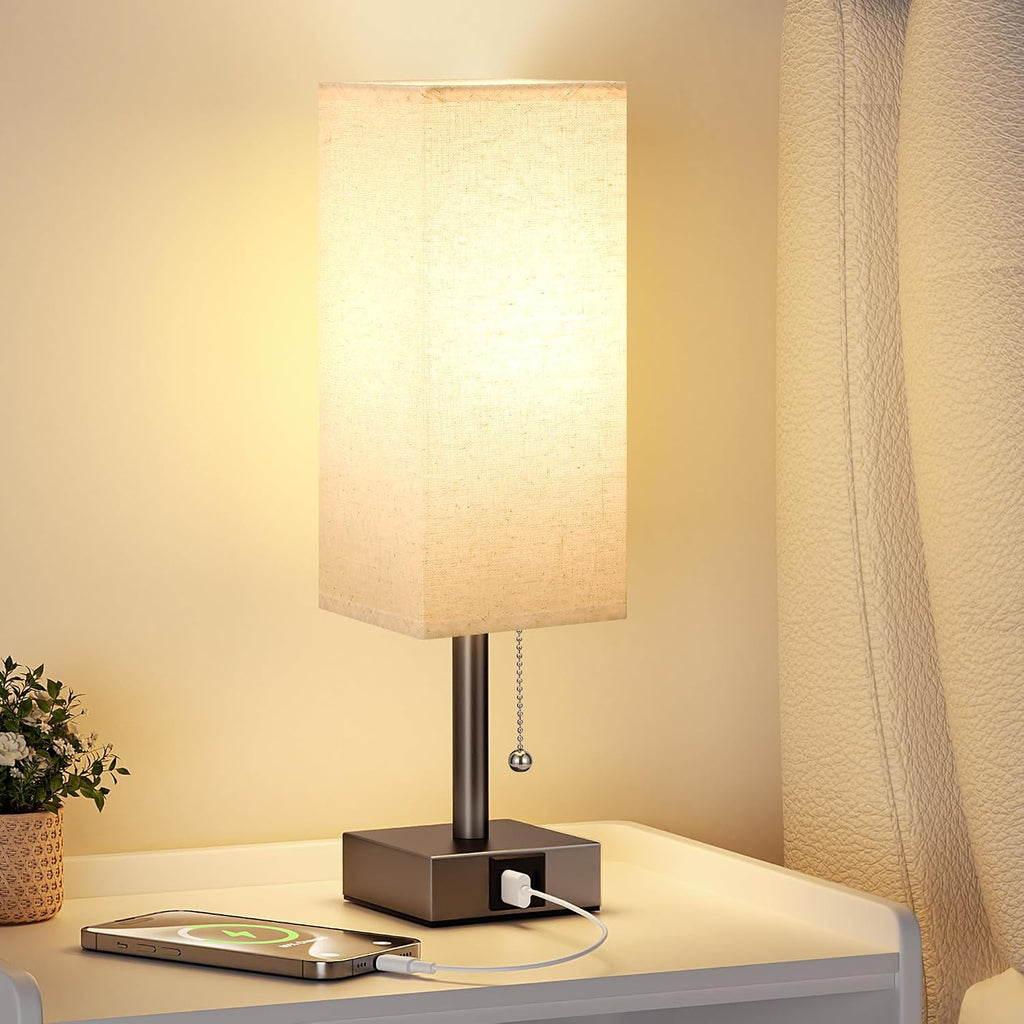 Aooshine Beige Small Table Lamp for Bedroom - 3 Color Temperature 3000K 5000K 4000K Bedside Lamp, Pull Chain Control, USB A and C Ports, Br…