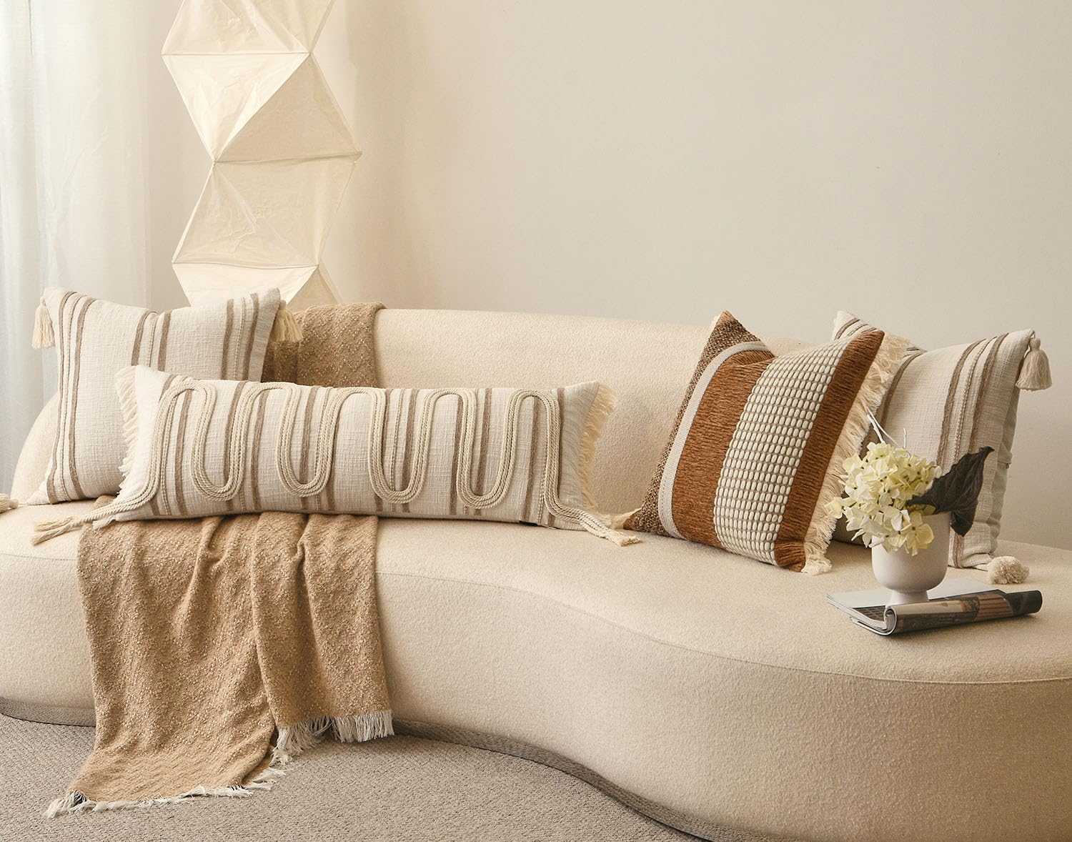 Aibuhome Beige Boho Body Pillow Cover 14x36 Inches, Handwoven Cotton Linen Lumbar Pillow Cover with Tassels, Farmhouse Decorative Cushion C…
