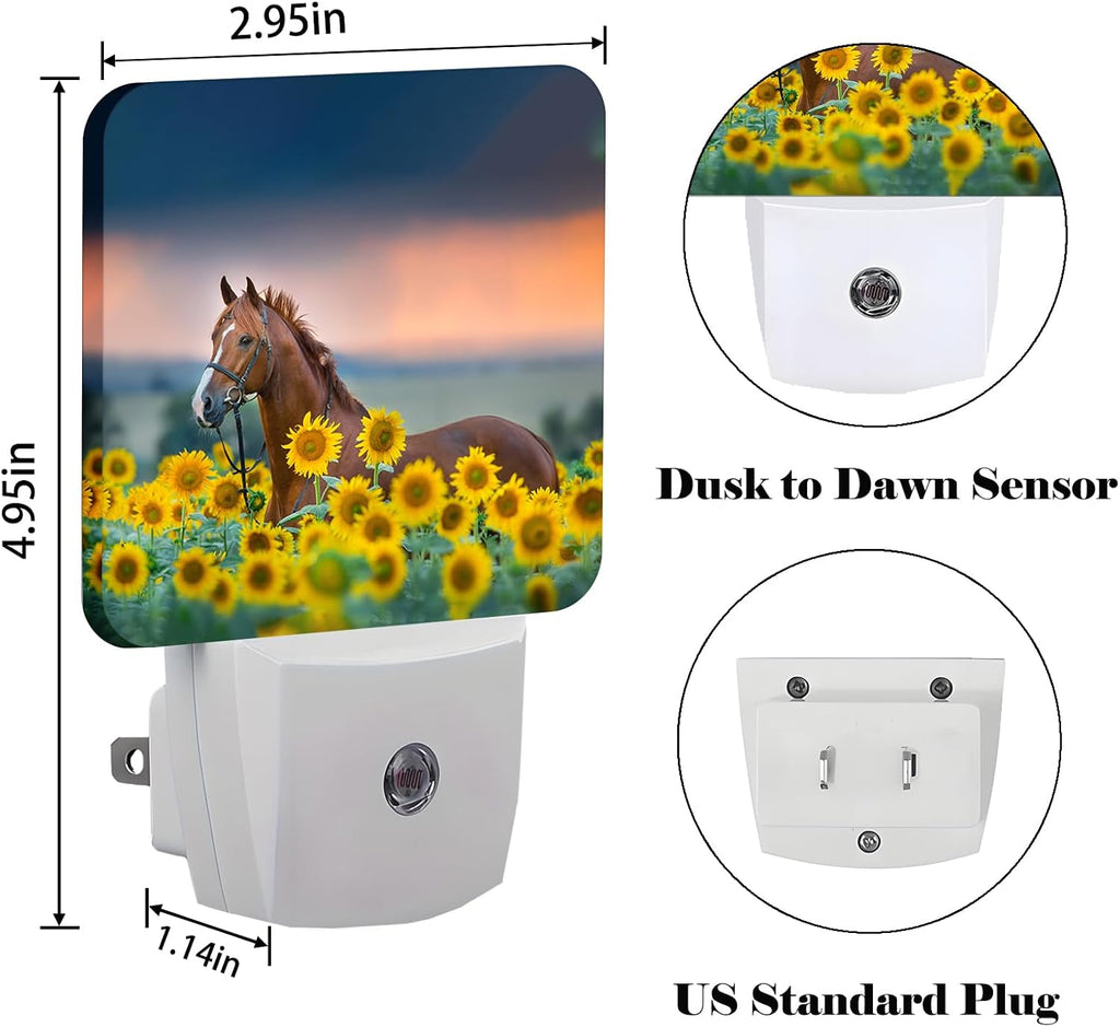 Sunflower Farm Animal Horses Night Light, Plug Into Wall with Dusk to Dawn Light Sensors, Warm Nightlights for Bedroom, Bathroom, Hallway…