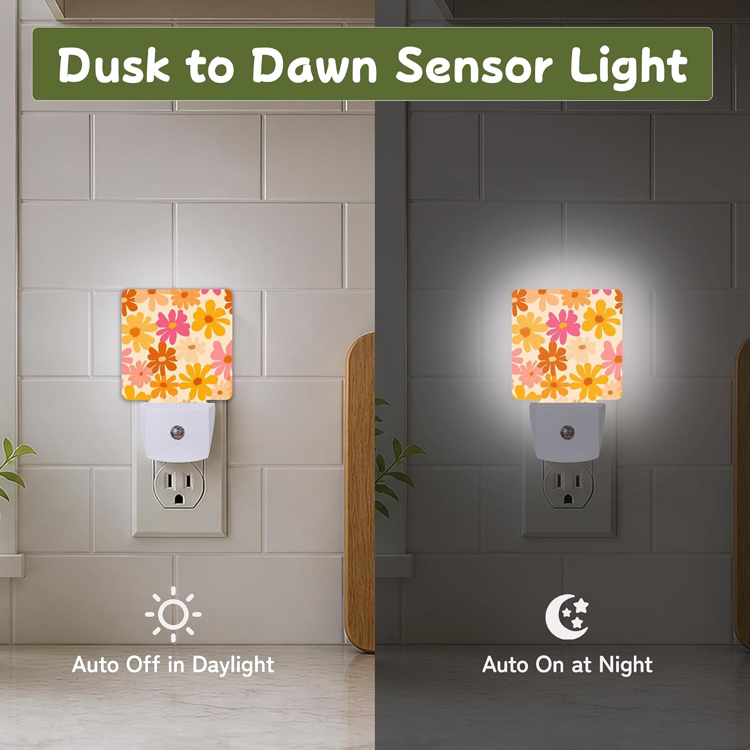 Retro Daisy Floral Night Light, Night Lights Plug into Wall with Dusk to Dawn Sensor for Bedroom Bathroom Hallway Kitchen, Decorative…