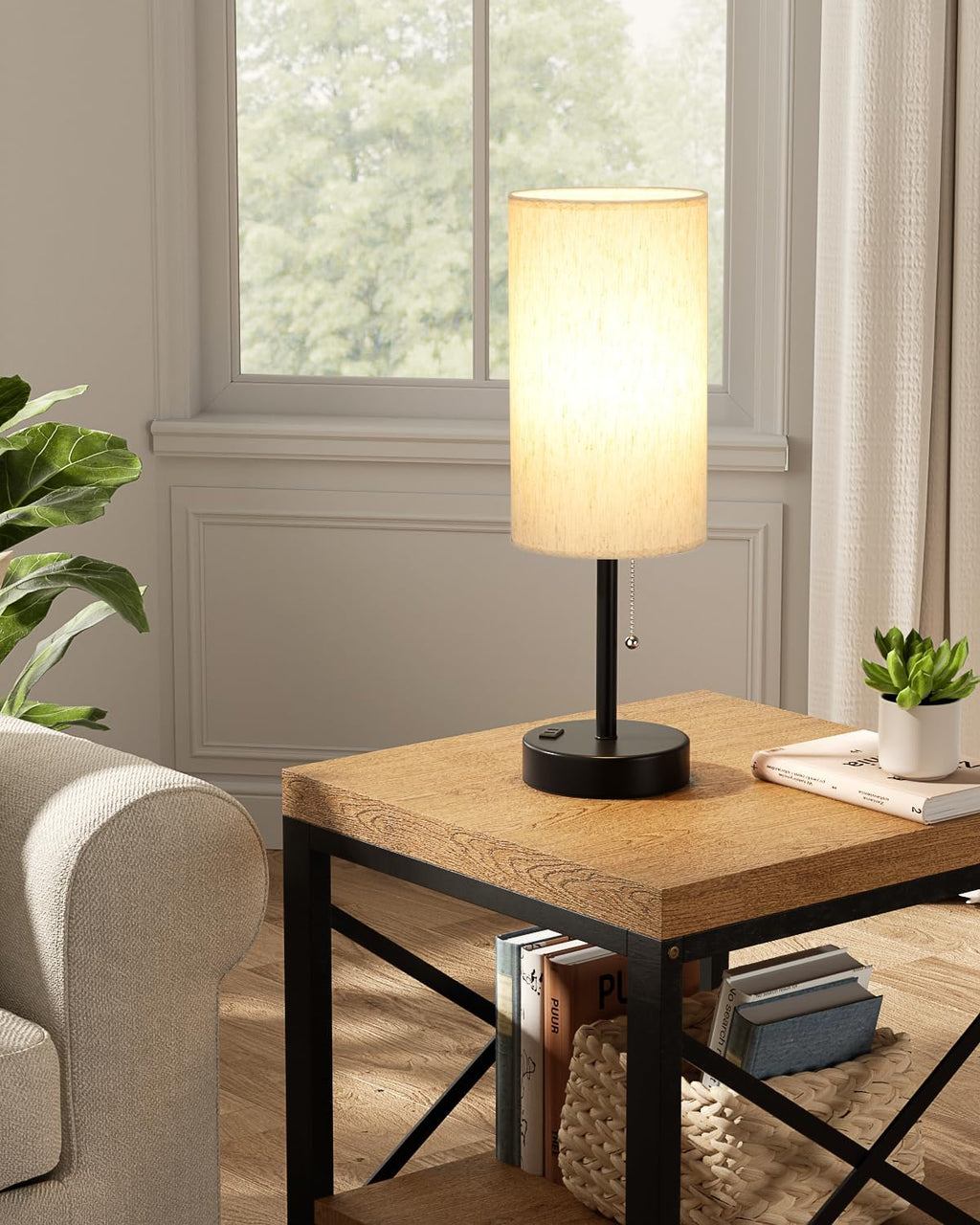 Fenmzee Plus Bedside Table Lamps Set of 2-3 Color Temperatures Pull Chain Lamp with AC Outlet Charging Port, Round Night Stand Lamps for…