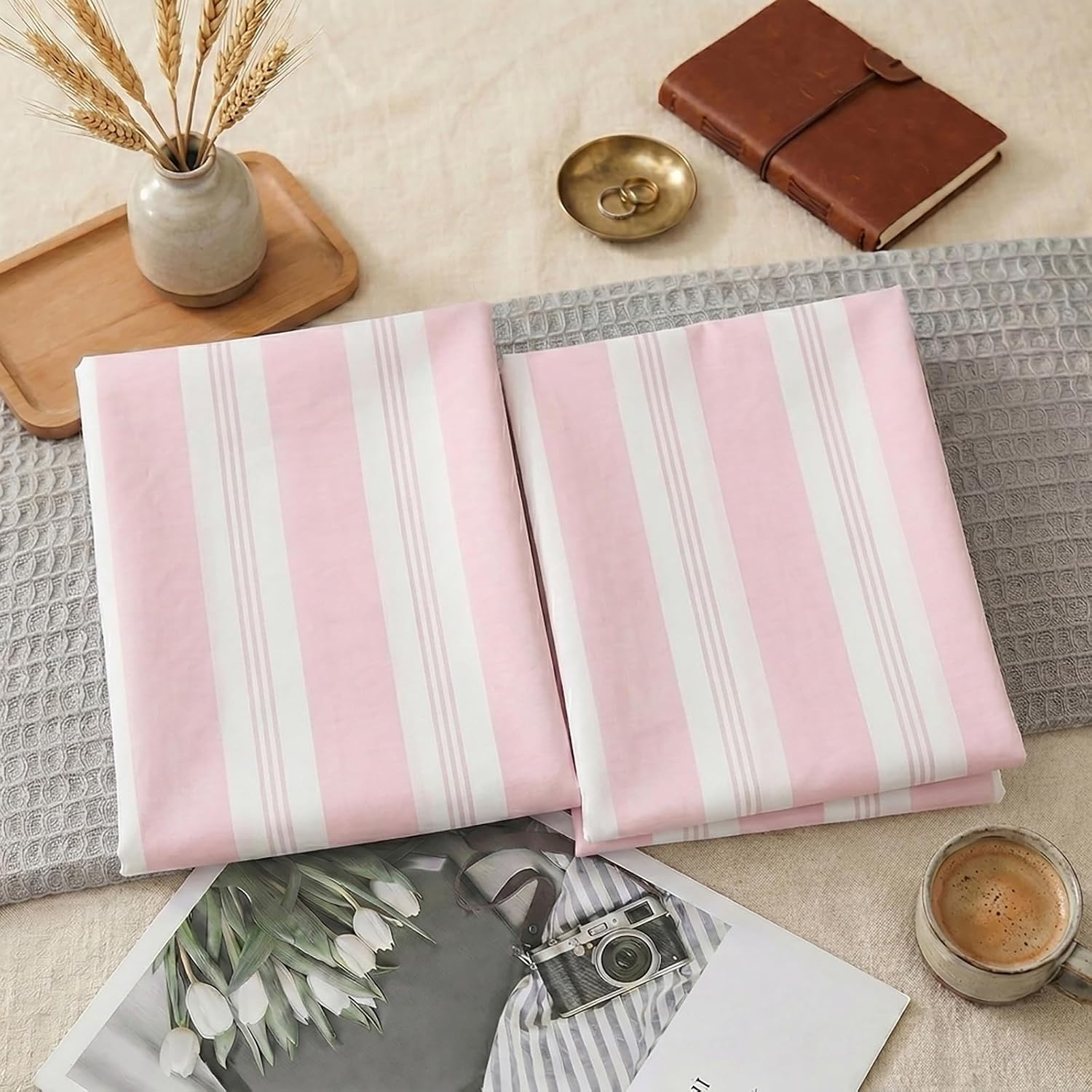 Merryword Pink Striped Pillowcases, 100% Cotton Pillow Cases, Standard Size Pillowcases, Luxury Linen Like Pillowcase, Soft Breathable Stri…