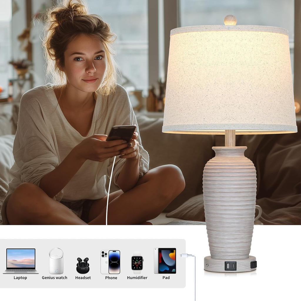 CINSARY 25" Vintage Farmhouse Jar Table Lamps, Single Rustic Bedside Lamp with USB A+C Ports & AC Outlet, Nightstand Lamps for Living…