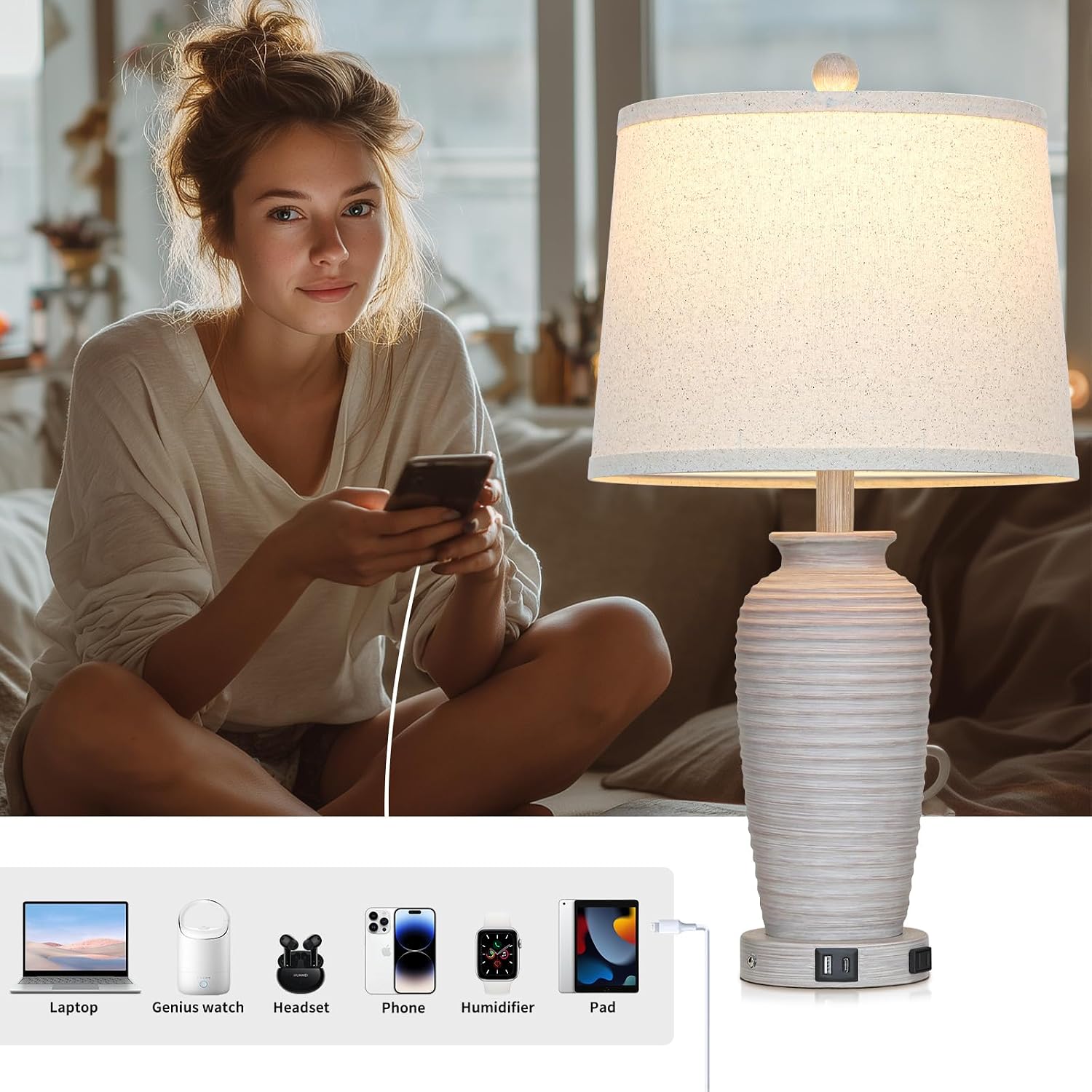 CINSARY 25" Vintage Farmhouse Jar Table Lamps, Single Rustic Bedside Lamp with USB A+C Ports & AC Outlet, Nightstand Lamps for Living…