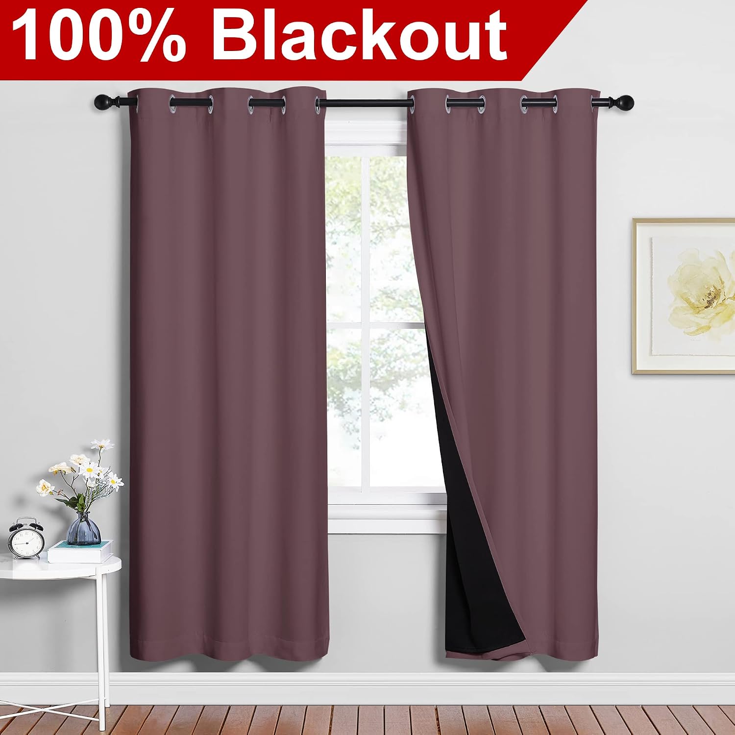 Nicetown 100% Blackout Window Curtain Panels, Full Light Blocking Drapes with Black Liner for Nursery, 72-inch Drop Thermal Insulated Drape…