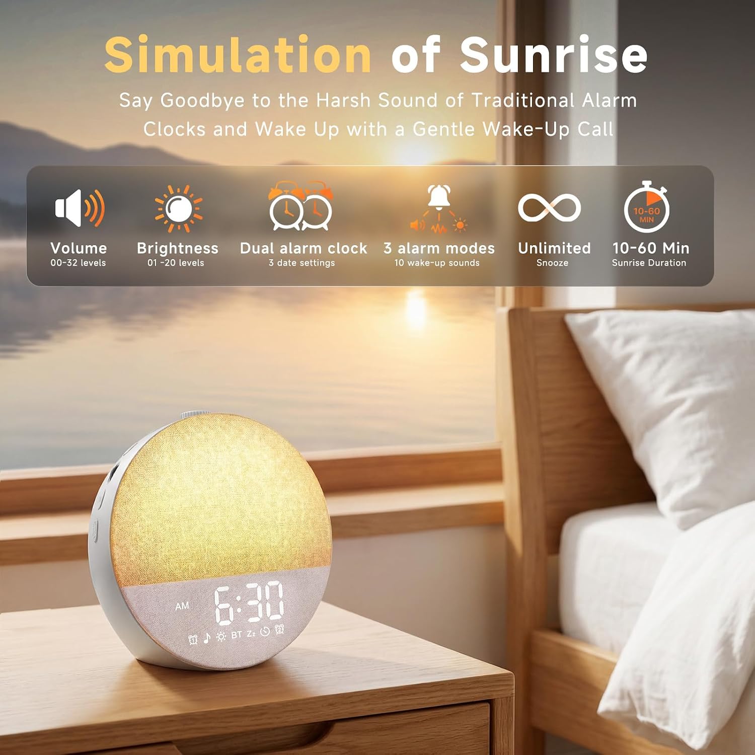 Geuuap Sunrise Alarm Clock White Noise Machine | Natural Wake-Up Light for Bedroom with 30 Soothing Sleep Aids, Bluetooth Speaker…