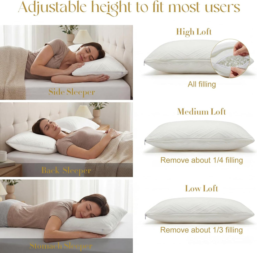 Yagamo Adjustable Pillows, Queen Size Bed Pillows for Sleeping 2 Pack, Shredded Memory Foam Pillows - Medium Firm and Supportive Bac…