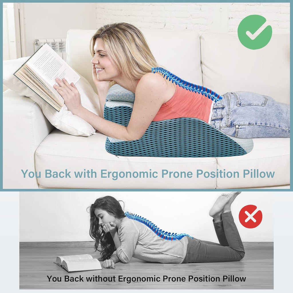 Ergonomic Wedge Pillow, Prone Pillow for Reading in Bed, Reading Pillow Wedge Memory Foam Back Support for Women Under 165 lbs