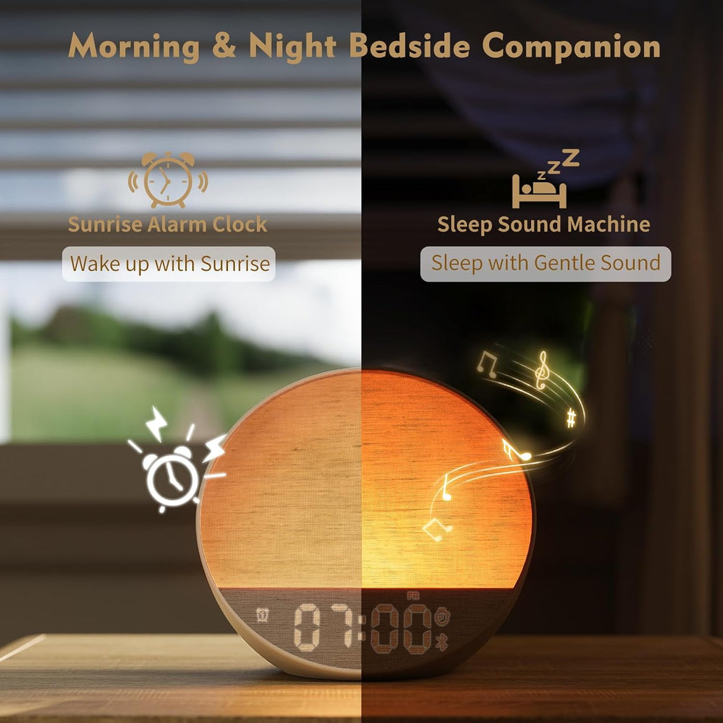Dynamic Sunrise Alarm Clock with Bluetooth Speaker, Remote Control, Dual Alarms, Tap-to-Snooze, Display Off Mode, 36 Sounds + 15…