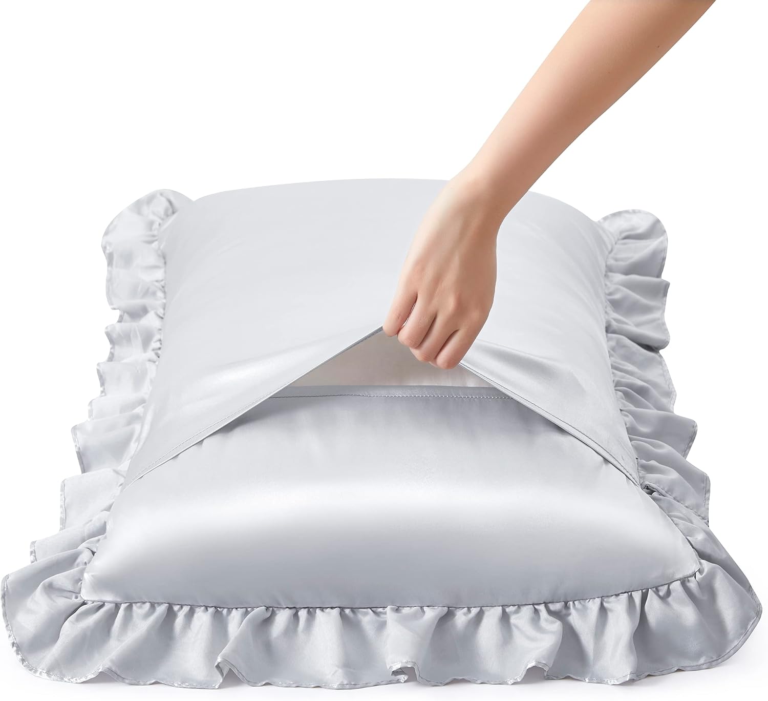 HommxJF Silky Satin Ruffled Pillow Cases for Hair and Skin, Light Gray Silk Pillowcases Standard Set of 2 with Envelope Closure Princess Roo…