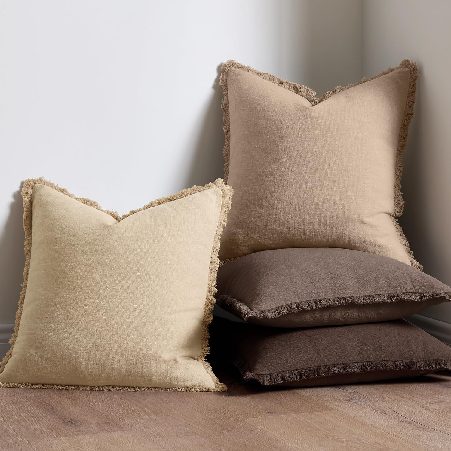 Anroduo Set of 2 Decorative Throw Pillow Covers 24×24 Inch Soft Linen Fringe Farmhouse Boho Vintage Cushion Covers with Tassels Accent Pill…