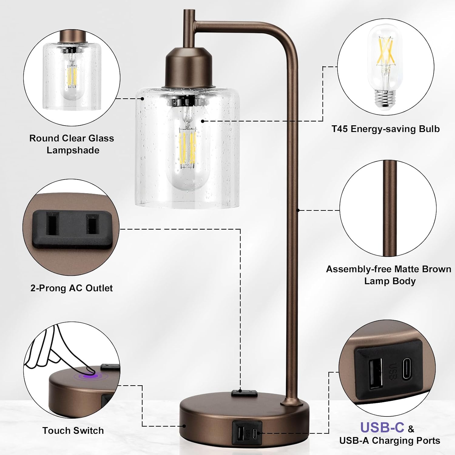 Innqoo Industrial Touch Table Lamps - 3-Way Dimmable Desk Lamps Set of 2 with USB C+A Ports and Outlet, Brown Bedside Lamps with Clear…