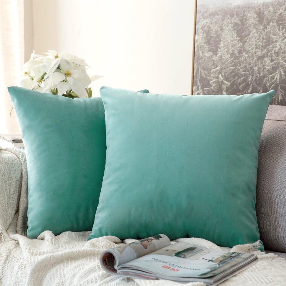 Miulee Velvet Throw Pillow Covers 16x16 Inch, Pack of 2 - Aqua Green, Soft Solid Decorative Pillow Covers Cushion Cases Modern Luxury Home…