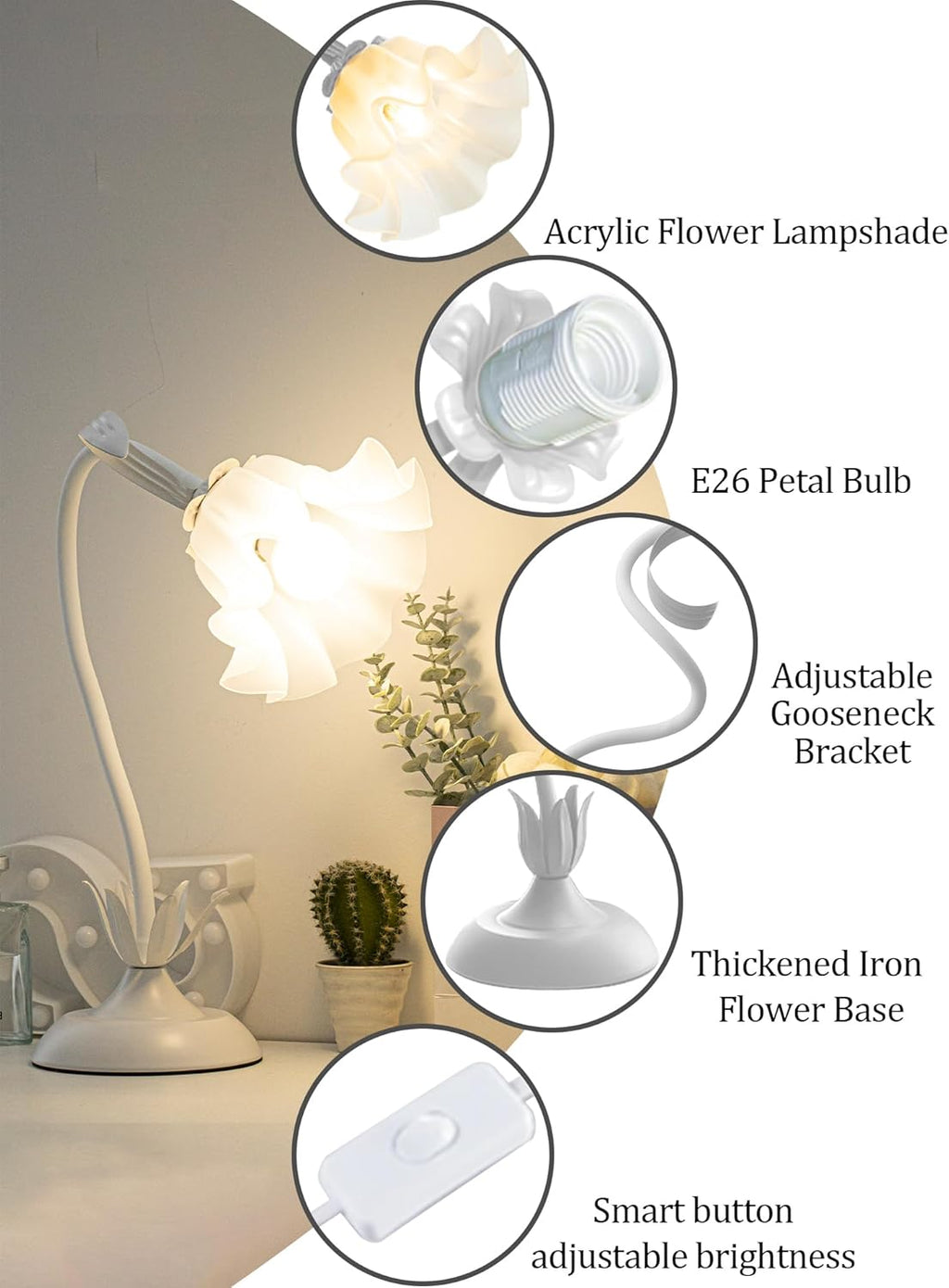 Aqdzcnf Flower Table Lamp, LED Reading Light Bedside Vintage Flower Night Light,3 Colors Modes Kawaii Bedside Lamps Decor, Living Room Bedroo…