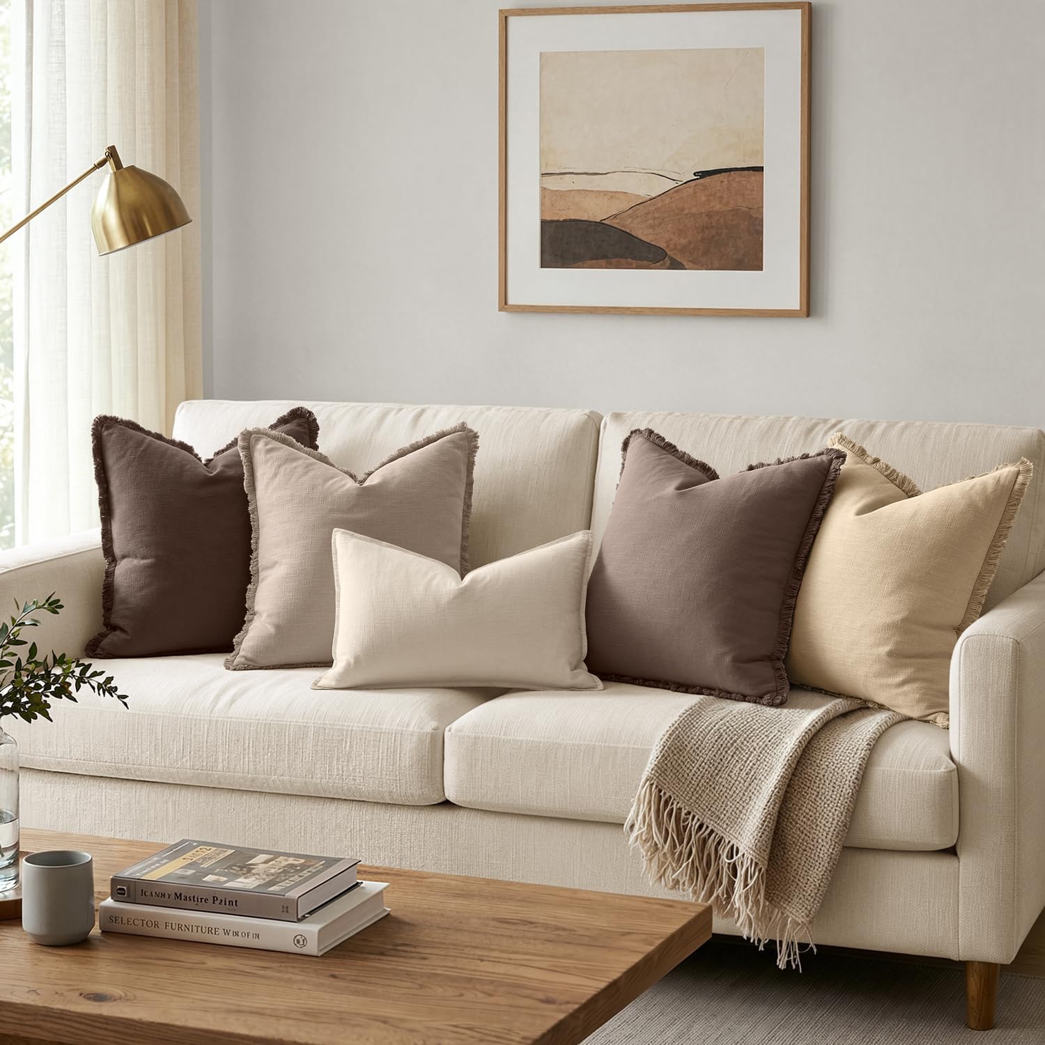 Anroduo Set of 2 Decorative Throw Pillow Covers 24×24 Inch Soft Linen Fringe Farmhouse Boho Vintage Cushion Covers with Tassels Accent Pill…