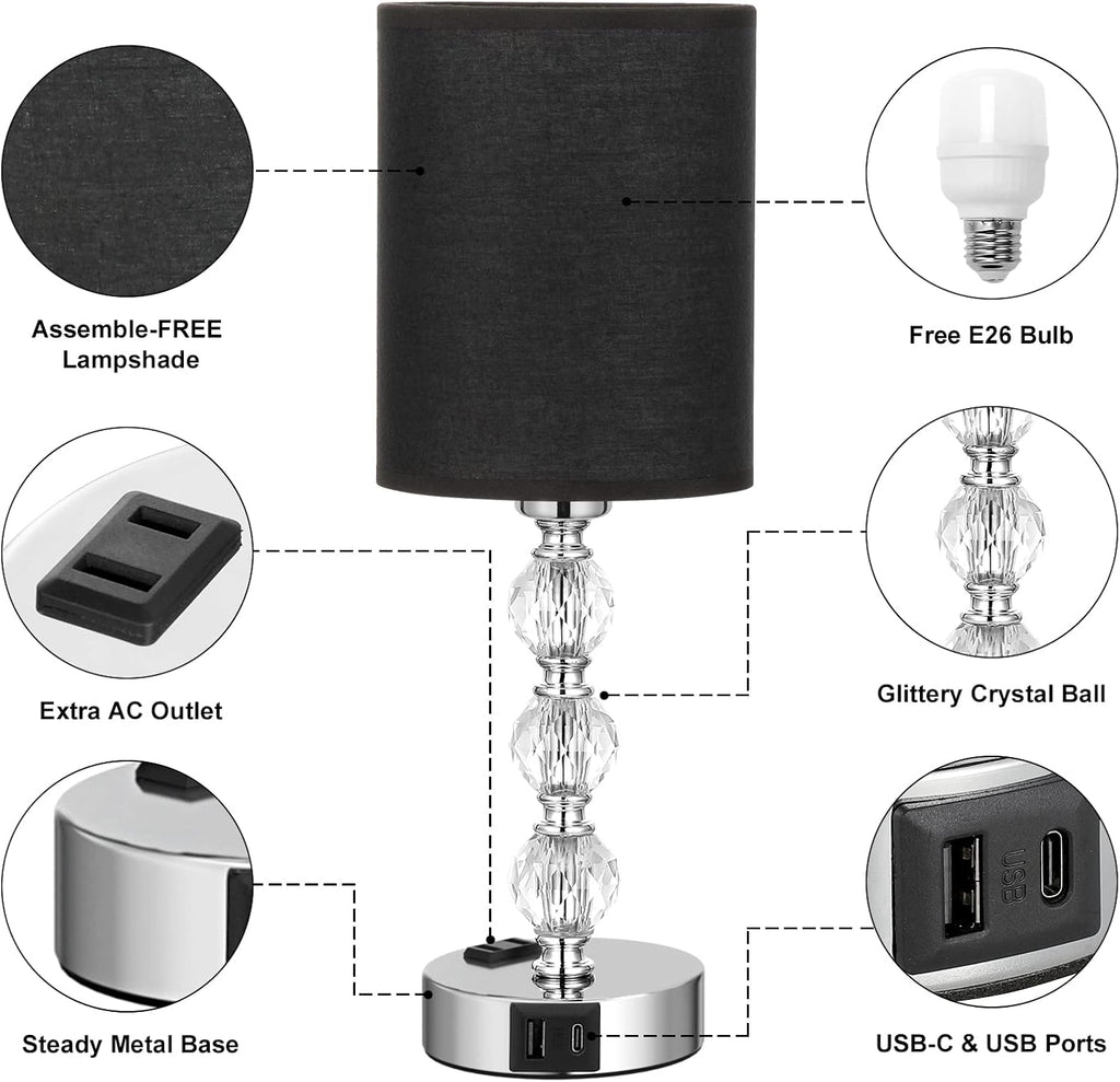 Black Touch Bedside Lamps for Bedrooms - Crystal Table Lamp with USB C+A Charging Port and AC Outlet Nightstand, 3 Way Dimmable Silver…