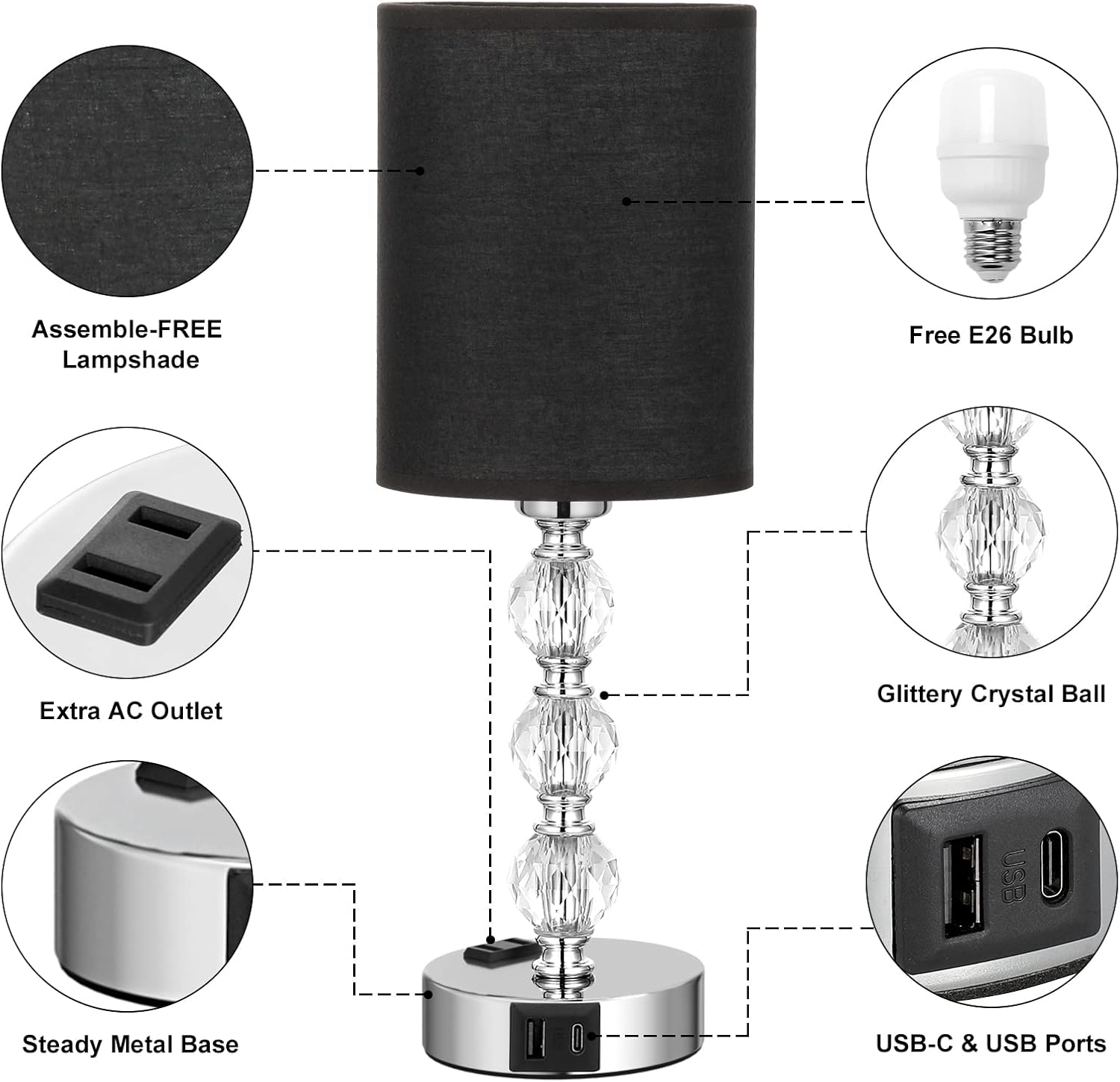 Black Touch Bedside Lamps for Bedrooms - Crystal Table Lamp with USB C+A Charging Port and AC Outlet Nightstand, 3 Way Dimmable Silver…