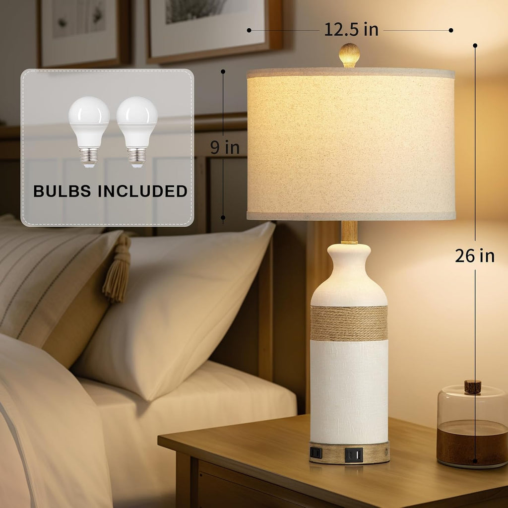 Cinkeda Boho Rattan Table Lamps for Bedroom Nightstand 26" Farmhouse Bedside lamp Set of 2 with USB C+A Ports & AC Outlet,3-Way Dimmable…