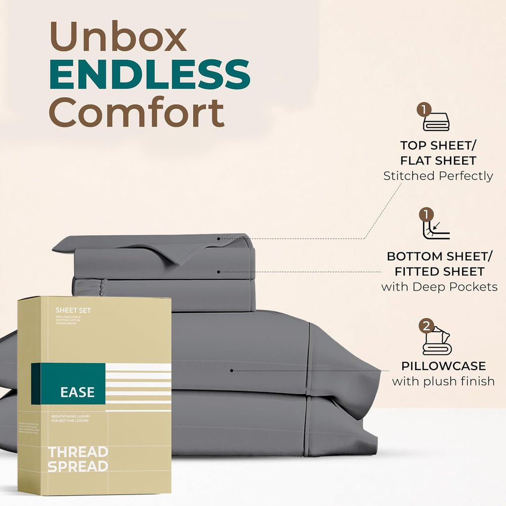 THREAD SPREAD Egyptian Cotton Sheets Full Size – 300 Series 16" Deep Pocket 100% Cotton Full Size Sheets Set (4 PC, Dark Grey), Soft…