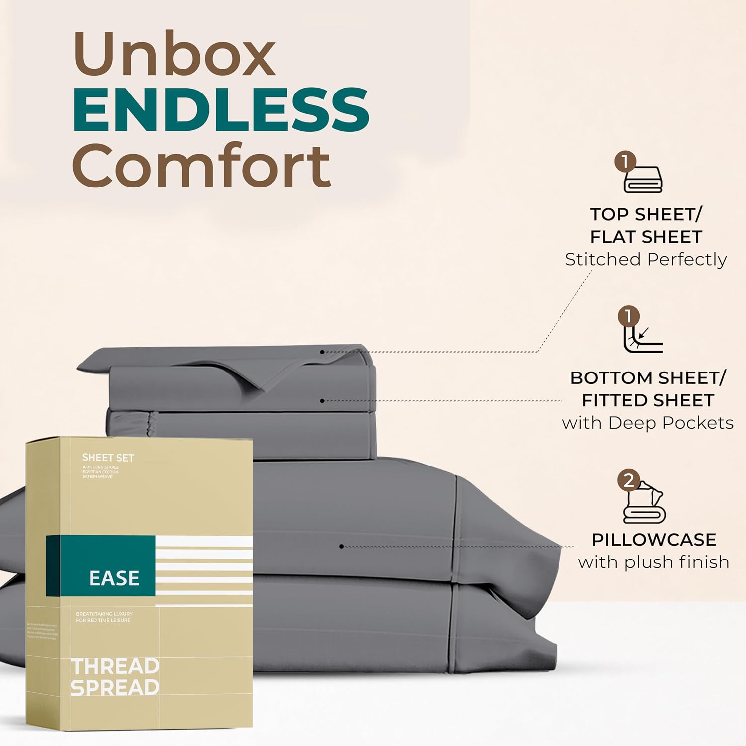 THREAD SPREAD Egyptian Cotton Sheets Full Size – 300 Series 16" Deep Pocket 100% Cotton Full Size Sheets Set (4 PC, Dark Grey), Soft…