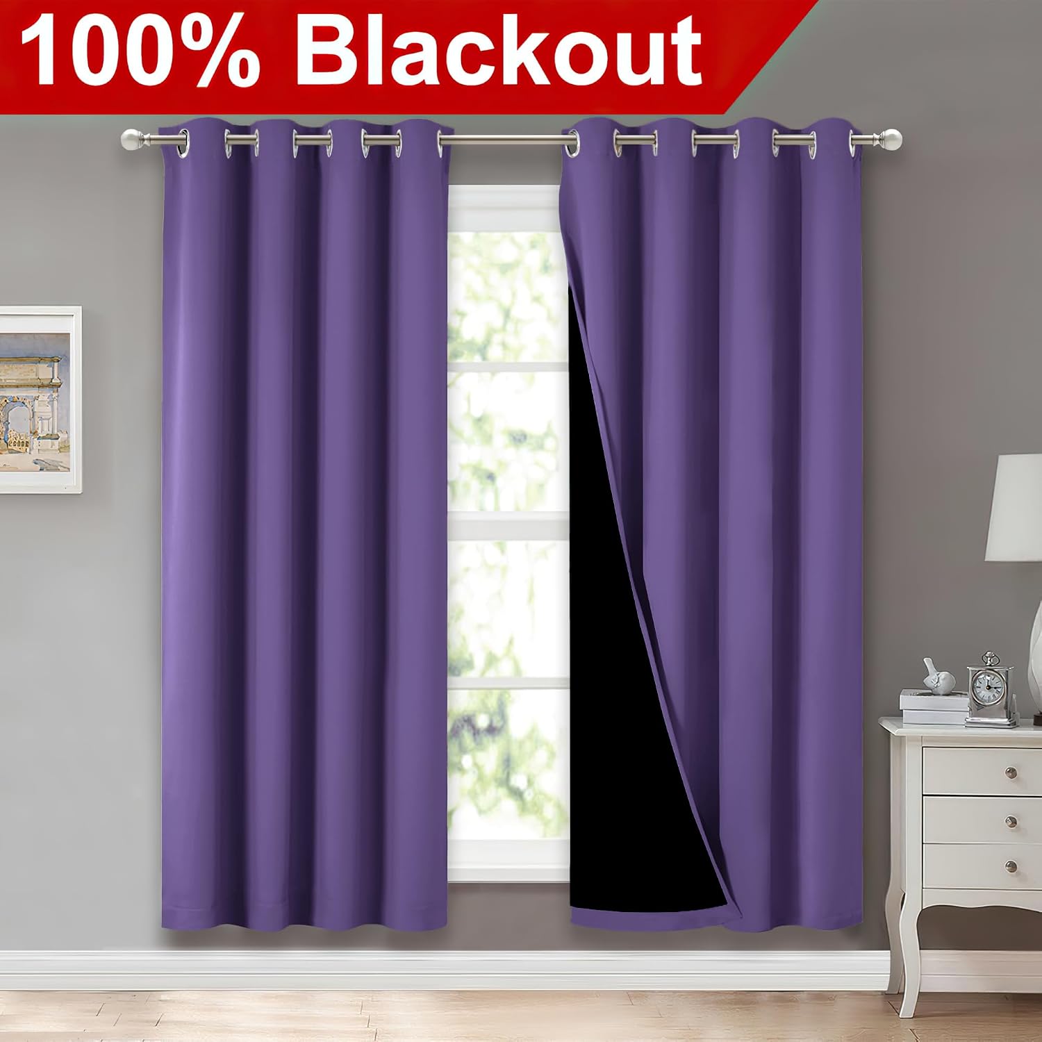 Nicetown Lilac Purple Full Shade Curtain Panels, Pair of Energy Smart & Noise Blocking Out Blackout Drapes for Dining Room Window, Thermal…
