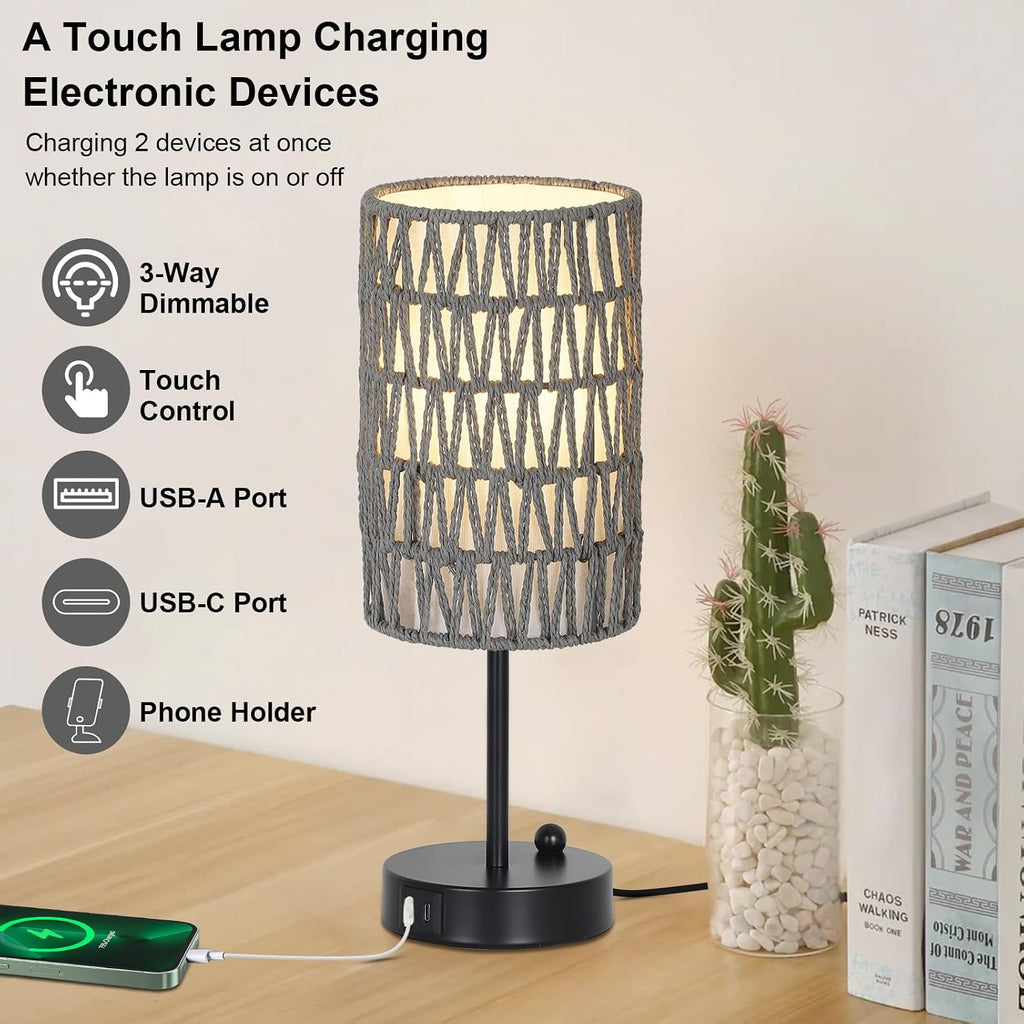 Gray Bedside Lamps Set of 2, Touch Control Night Stand Lamp for Bedroom with Rattan & Linen Shade & Bulbs, 3 Way Dimmable Small Boho…
