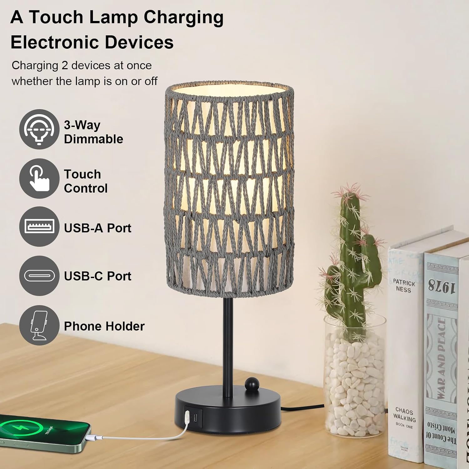 Gray Bedside Lamps Set of 2, Touch Control Night Stand Lamp for Bedroom with Rattan & Linen Shade & Bulbs, 3 Way Dimmable Small Boho…