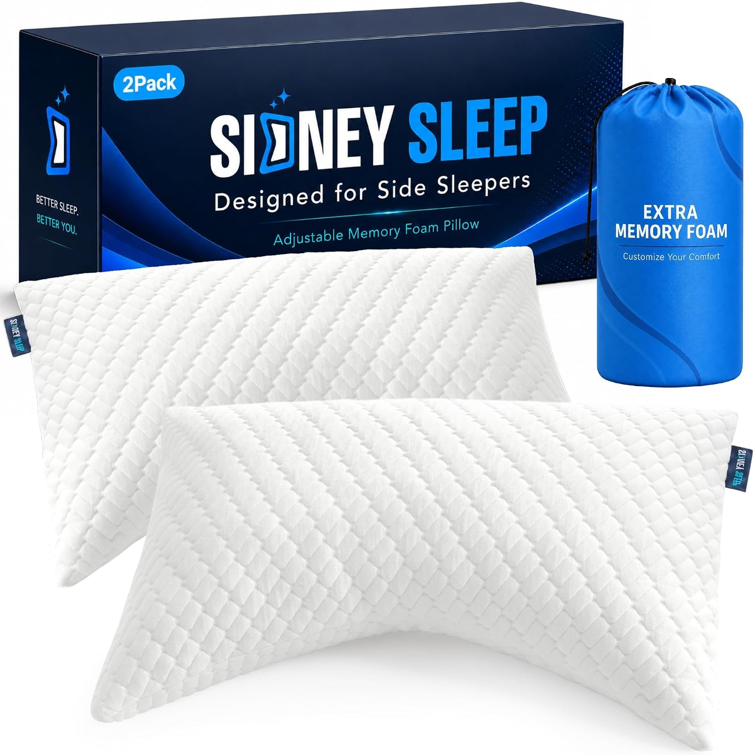 Sidney Sleep Set of 2 Queen Size Bed Pillows for Side and Back Sleepers - Adjustable Filling - Memory Foam Pillows for Neck and Shoulder…