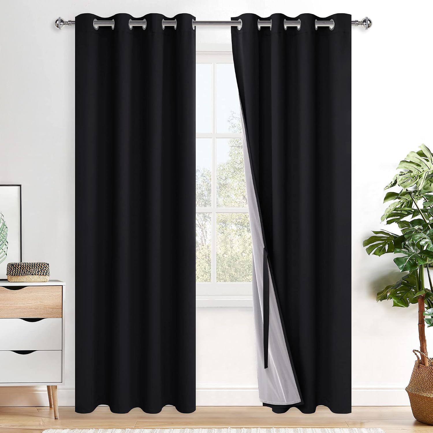 Xwzo 100% Blackout Curtains 84 Inches Long with Tiebacks- Privacy Protection, Energy Efficiency Window Panels with Black Liner for Bedroom/…